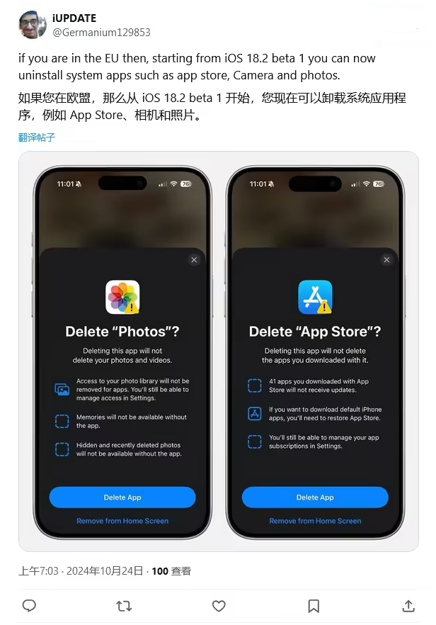 东区苹果手机维修分享iOS 18.2 支持删除 App Store 应用商店 